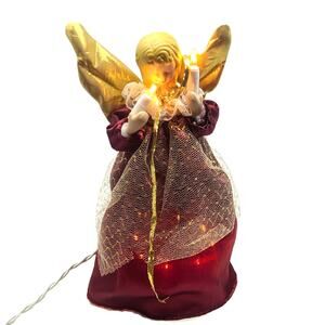 Vintage Angel Lighted Christmas tree topper Maroon Gold Tested WORKS